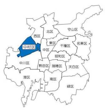 名古屋市内における中村区の所在地を表す地図