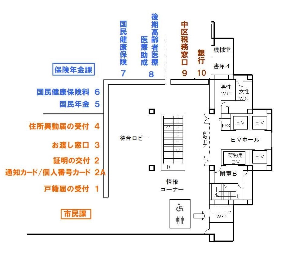 中区役所2階フロア案内図のイラスト