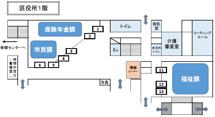 イラスト：この平面図は区役所1階の見取り図です。図中の数字は下表の窓口番号に対応しています。