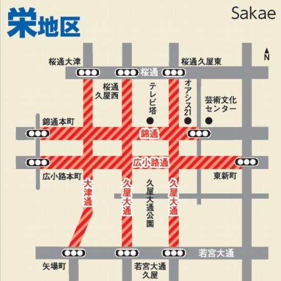地図:栄地区の路上禁煙地区の図