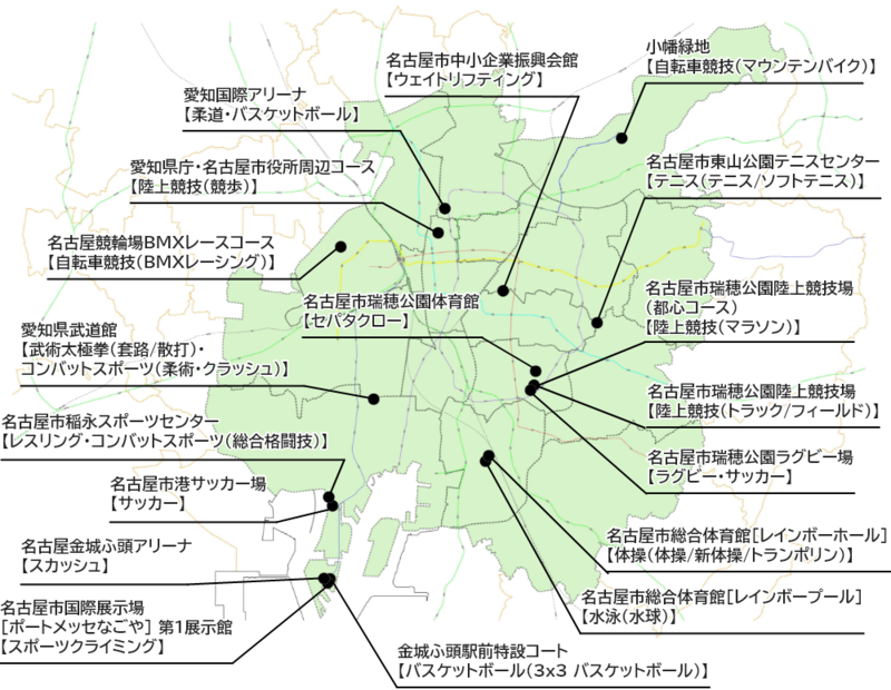 地図：アジア競技会場（16競技／17会場）