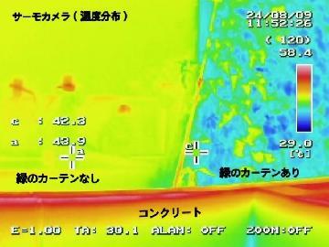 写真:サーモグラフィーの様子。カーテンがあるところは青色、ないところは黄色になっている。