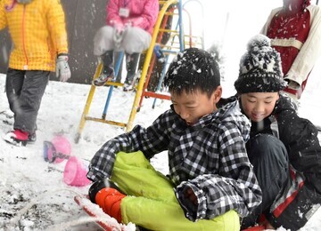 写真：25ふくい冬のさとやまキャンプ（子どもキャンプ）のチラシに載っている雪で遊ぶ子どもたち
