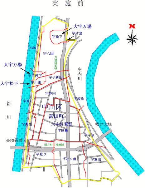 地図:長須賀地区の実施前の町名・町界図