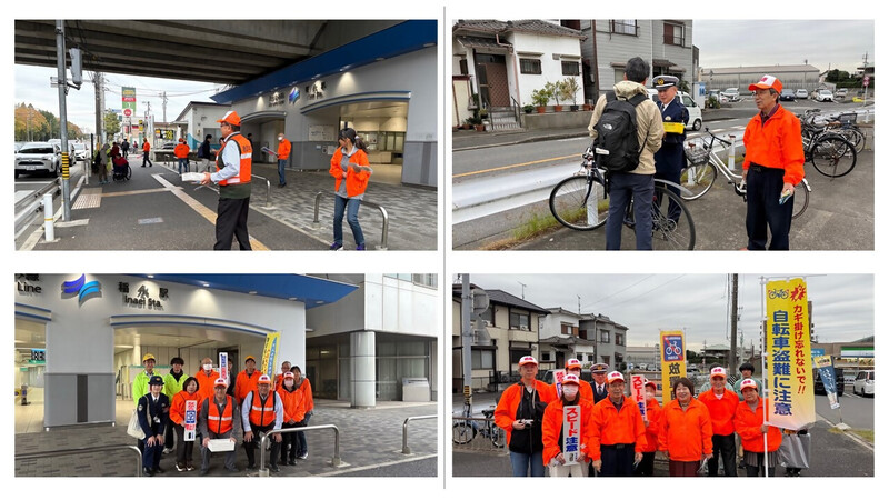 (左)稲永駅での啓発活動、(右)十一屋自転車駐車場での啓発活動