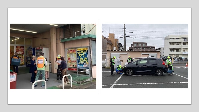 (左)ショッピングセンターでの啓発活動、(右)ナンバープレート盗難防止ネジ取り付けの様子