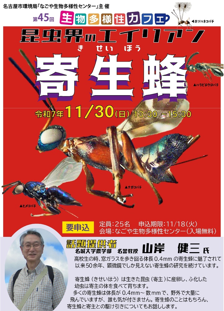 ナガコバチをはじめとした寄生蜂の画像と、話題提供者名城大学農学部名誉教授山岸健三氏からのメッセージの記載があります。日程や申込詳細などの内容は次の項目でご確認ください。