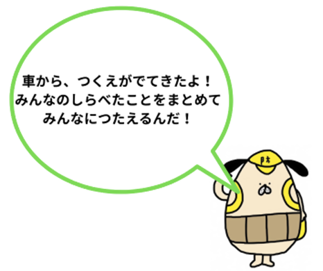 たまごろうが「くるまから、つくえがでてきたよ　みんなのしらべたことをまとめて　みんなにつたえるんだ」と言っているイラスト