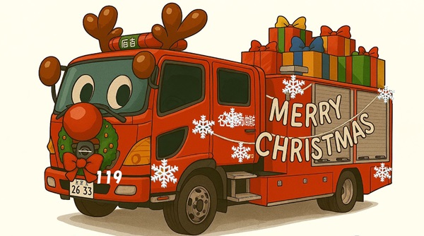 クリスマスの装飾をした消防車のイラスト