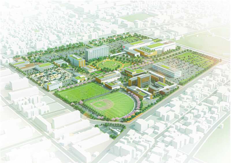 第20回アジア競技大会選手村後利用事業に係る契約候補事業者との基本計画協定の締結について（令和4年8月31日公表）の全体像イメージパース