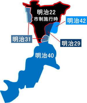 明治22年から明治42年までの市域の拡大の図