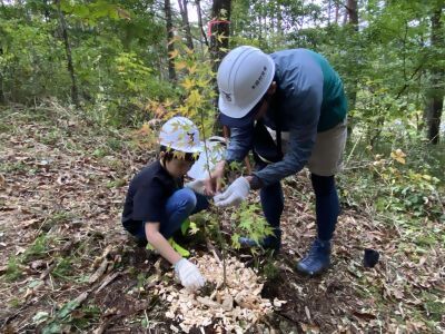 植樹する親子の写真