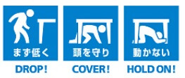 シェイクアウトの画像。地震の際は安全確保のために、1まず低く、2頭を守り、3動かないの順に行動しましょう。