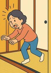 室内でつまづき転倒する女性
