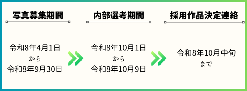 写真募集期間は令和8年4月1日から9月30日まで。内部選考期間は令和8年10月1日から10月9日まで。採用決定連絡は令和8年10月中旬までにおこないます。