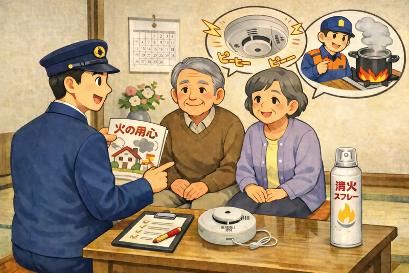 高齢者世帯へ消防職員が防火指導を行っているイラスト