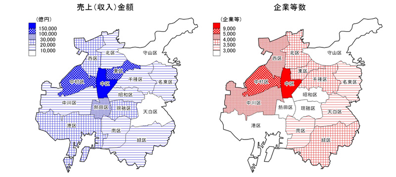 地図:名古屋市の企業等数と売上金額の区別階級区分図