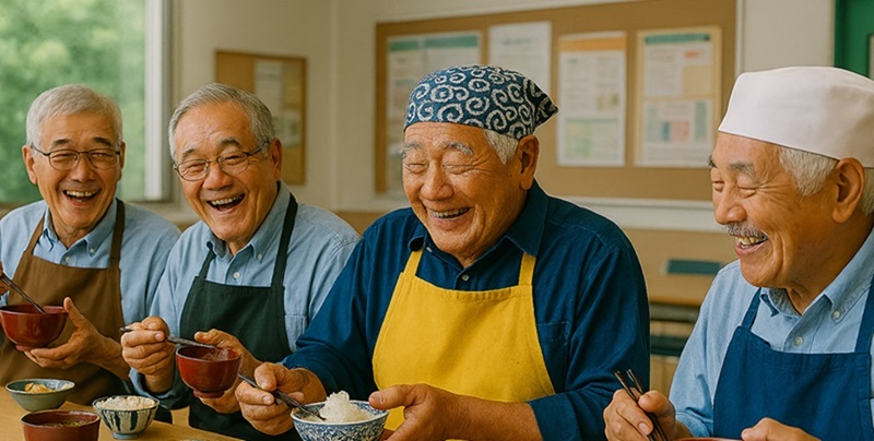 料理教室で男性が楽しそうに食事をしている様子