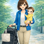 子供を抱いて外出する母親のイラスト