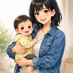 乳幼児を膝にのせて笑顔でほほ笑む母親のイラスト