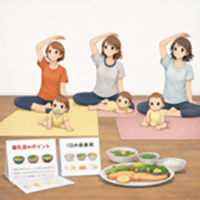 教室内で体操している母親と乳幼児、栄養に関する資料のイラスト