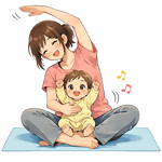 乳幼児と一緒に体操をしている母親のイラスト