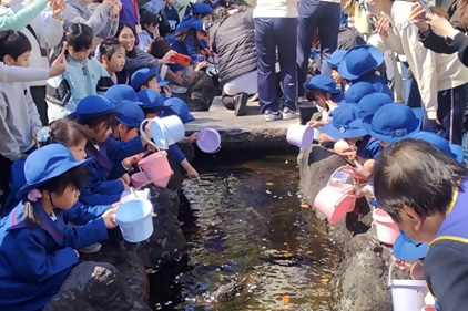 画像：園児の皆さんがメダカを放流する様子