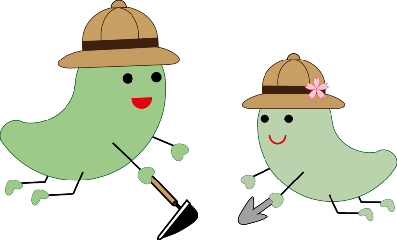 画像：勾玉をモチーフにしたキャラクターが発掘調査をしている様子