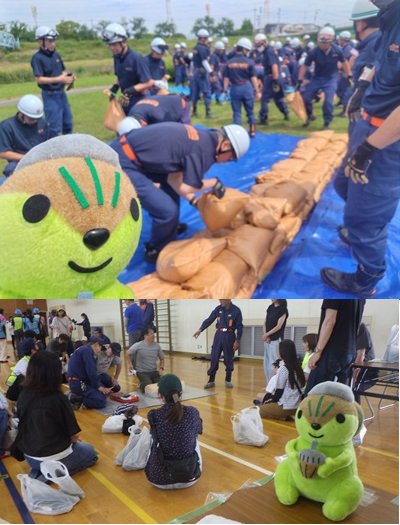 水防訓練に参加するモリスちゃんの写真
