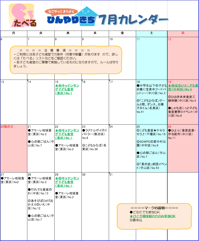 「たべる」(7月)のカレンダーです。