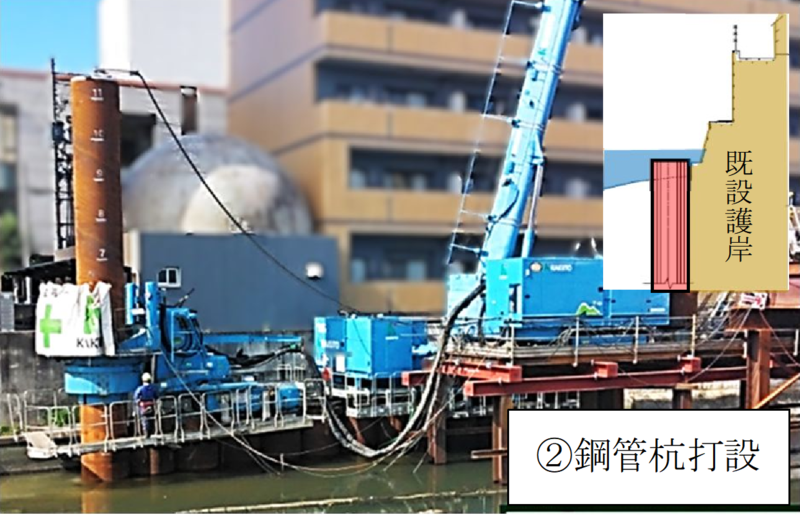 護岸改修工事の鋼管杭打設中写真