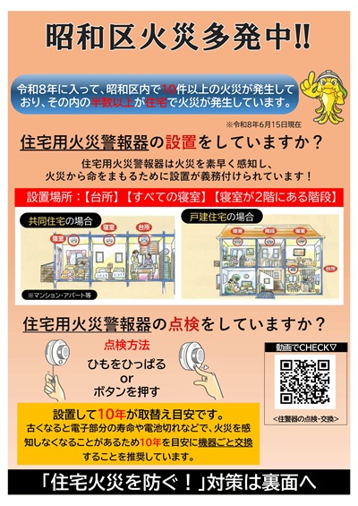 昭和区では令和8年に入って10件以上の火災が発生しその半数以上が住宅火災であるため、寝室や階段などへの設置が義務付けられている住宅用火災警報器の設置を確認するとともに、ひもを引くまたはボタンで点検し約10年を目安に交換するなど適切な維持管理の重要性を呼びかけているチラシ。