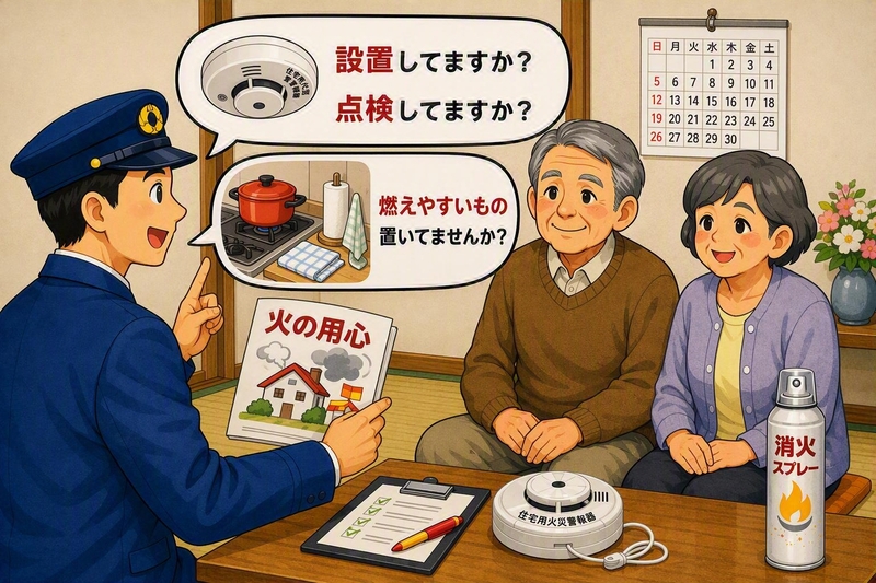 消防職員が高齢者の方の世帯にお伺いして、防火指導を行います。