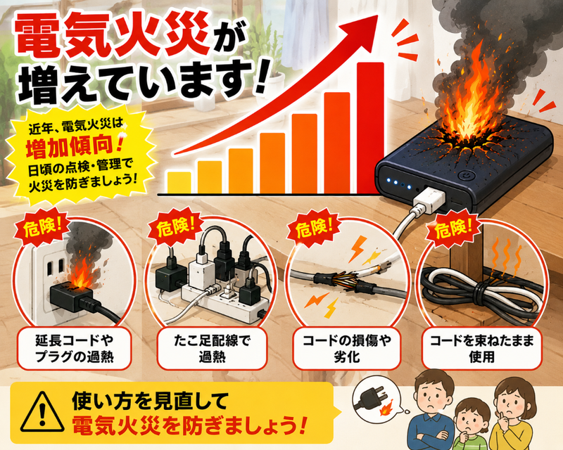 電気火災が増えています。近年、電気火災は増加傾向!日ごろの点検・管理で火災を防ぎましょう。延長コードやプラグの過熱、たこ足配線で過熱、コードの損傷や劣化、コードを束ねたまま使用する等危険ですので、使い方を見直して、電気火災を防ぎましょう。
