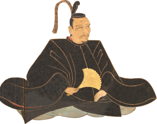 黒い着物を着て金の扇子を持った秀吉が座っている絵