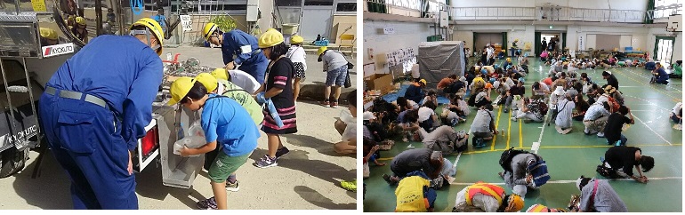 小学生の応急給水訓練の様子　体育館でのシェイクアウト訓練の様子の画像