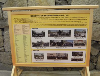 木目の素材でできた、屋根つきの看板型をしている銘板