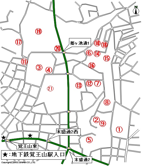 城山・覚王山地区の魅力の位置を示した地図です。
