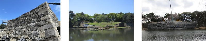 名古屋城本丸搦手馬出の石垣積み直し工事の様子（左 石垣上部の積み直しの様子、中央 石垣積み直し初期の全景、右 石垣積み直し後期の全景）