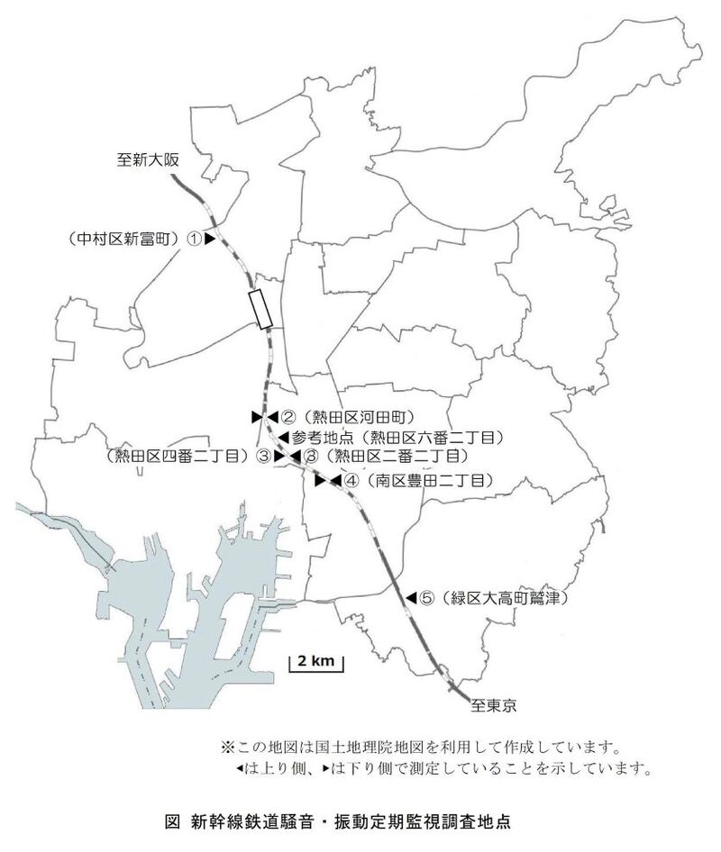 騒音・振動の測定を行った市内6地点を示す地点図です