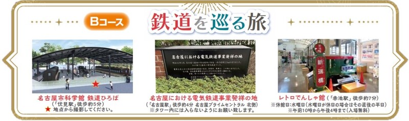 Bコース 鉄道を巡る旅　名古屋市科学館鉄道広場（展示してあるSL車両の正面の位置から撮影してください。）、名古屋における電気鉄道事業発祥の地（名古屋プライムセントラル北側。）、レトロ電車館