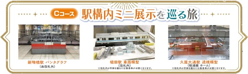 Cコース　駅構内ミニ展示を巡る旅　新瑞橋駅パンタグラフ（西改札外）、上田駅車両模型（改札内）、久屋大通駅透視模型（桜通線ホーム）