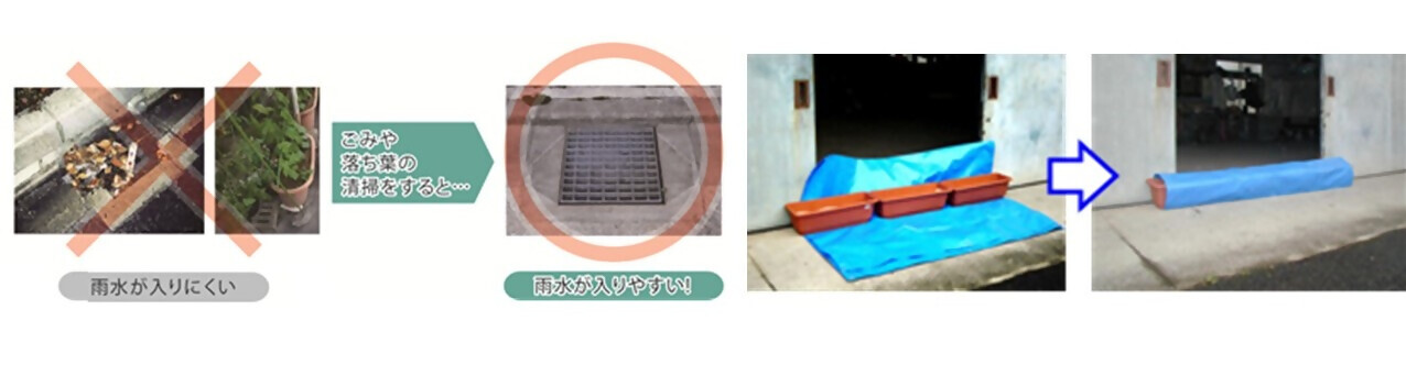 雨水ますの様子、簡易水防工法