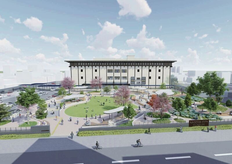 道路の向こうに庭と建物を描いたイラスト