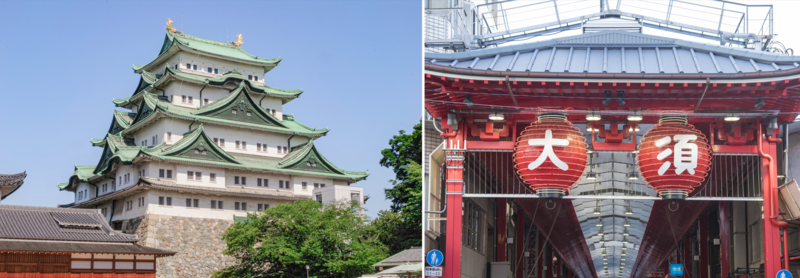 名古屋城と大須商店街