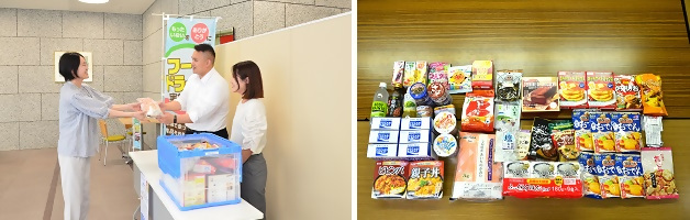 寄付の様子と集まった食品の写真です。