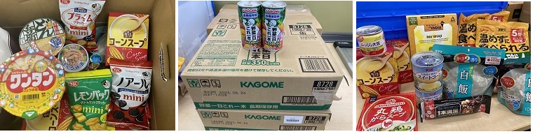 寄付の様子と集まった食品の写真です。