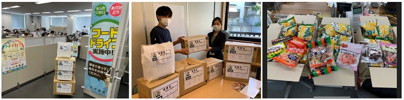 寄付の様子と集まった食品の写真です。