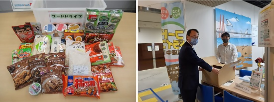 寄付の様子と集まった食品の写真です。