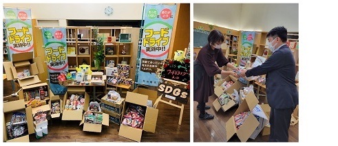 寄付の様子と集まった食品の写真です。